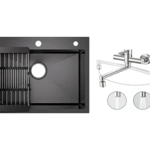 Évier Cuisine 1 Bac 60×45×18CM Évier Inox Noir avec Panier de Drainage + Mitigeur de Cuisine Mural avec 2 Jets Brossé
