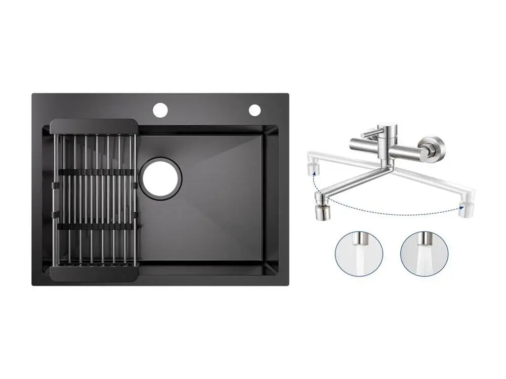 Évier Cuisine 1 Bac 60×45×18CM Évier Inox Noir avec Panier de Drainage + Mitigeur de Cuisine Mural avec 2 Jets Brossé