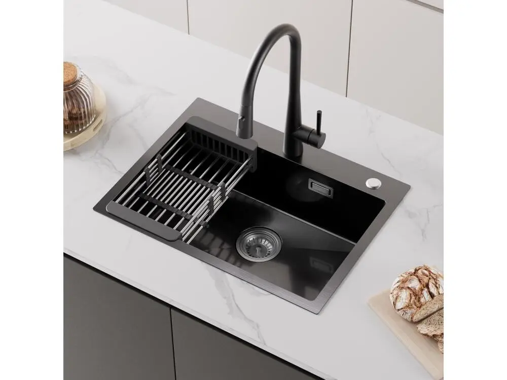 Évier Cuisine 1 Bac 60×45×18CM Évier Inox Noir avec Panier de Drainage + Mitigeur de Cuisine Mural avec 2 Jets Brossé