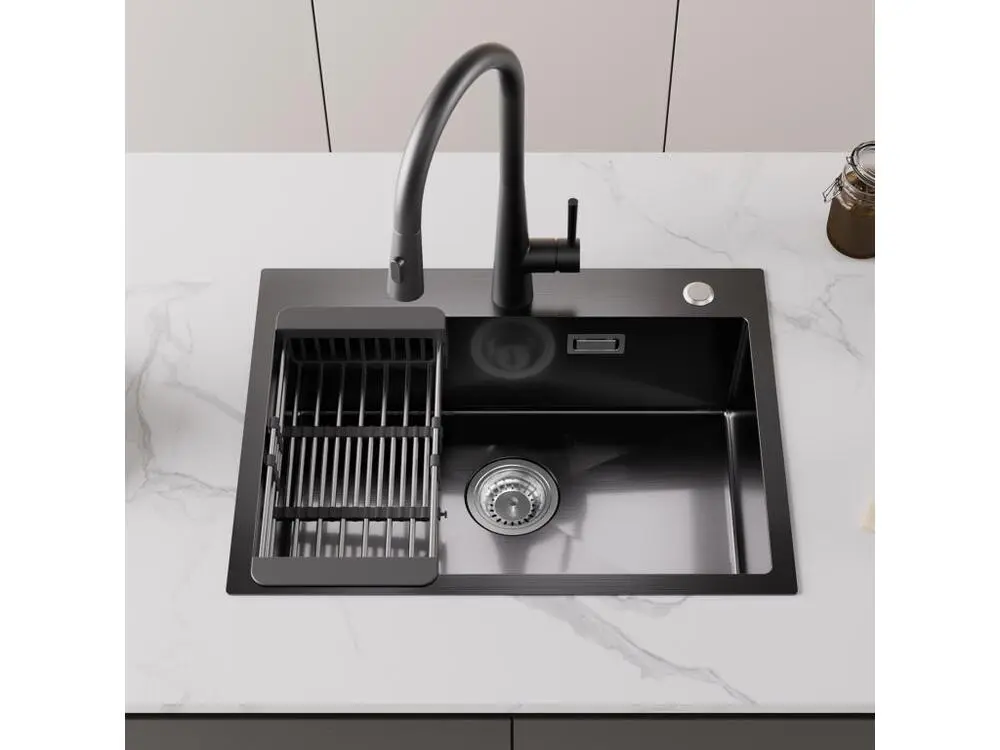 Évier Cuisine 1 Bac 60×45×18CM Évier Inox Noir avec Panier de Drainage + Mitigeur de Cuisine Mural avec 2 Jets Brossé