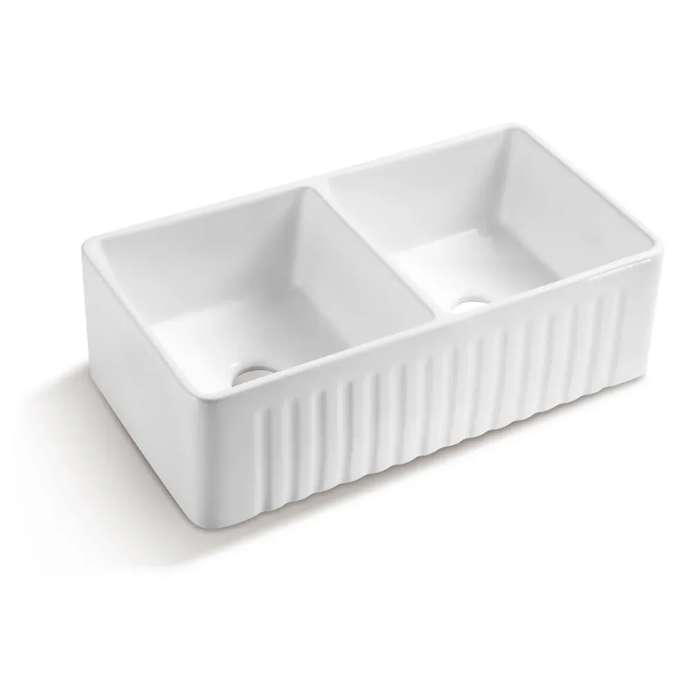 Évier de cuisine, évier de résistant réversible à deux cuves 50/50, évier en céramique à tablier avant, couleur blanche 33...